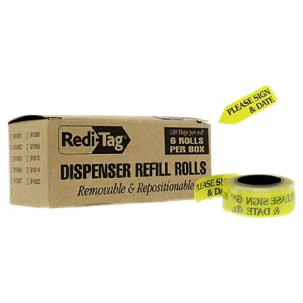 Redi-Tag Preprinted Signature Flags Refill, "PLEASE SIGN & DATE", Yellow, Removable, 120 Flags Per Roll, 6 Rolls