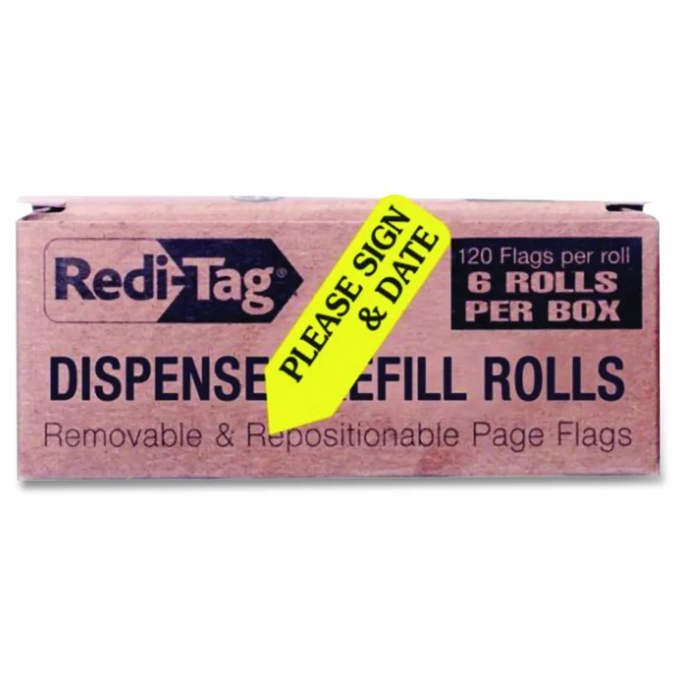 Redi-Tag Preprinted Signature Flags Refill, "PLEASE SIGN & DATE", Yellow, Removable, 120 Flags Per Roll, 6 Rolls