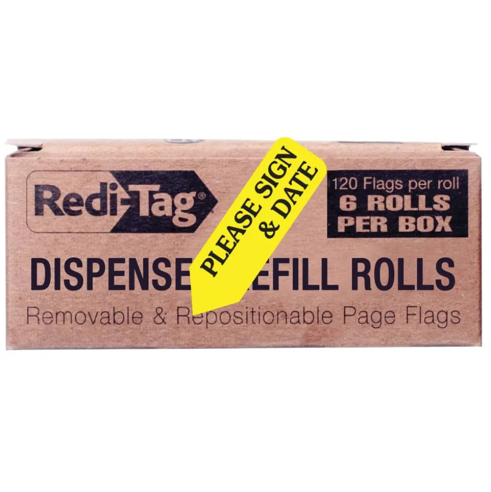 Redi-Tag Preprinted Signature Flags Refill, "PLEASE SIGN & DATE", Yellow, Removable, 120 Flags Per Roll, 6 Rolls