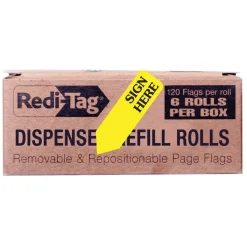 Redi-Tag Sign Here Arrow Flags Dispenser Refills, 1.88" x 0.56" - "SIGN HERE", Yellow, Removable, 120 Flags Per Roll, 6 Rolls