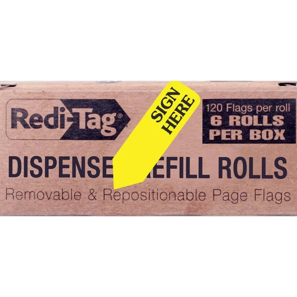 Redi-Tag Sign Here Arrow Flags Dispenser Refills, 1.88" x 0.56" - "SIGN HERE", Yellow, Removable, 120 Flags Per Roll, 6 Rolls