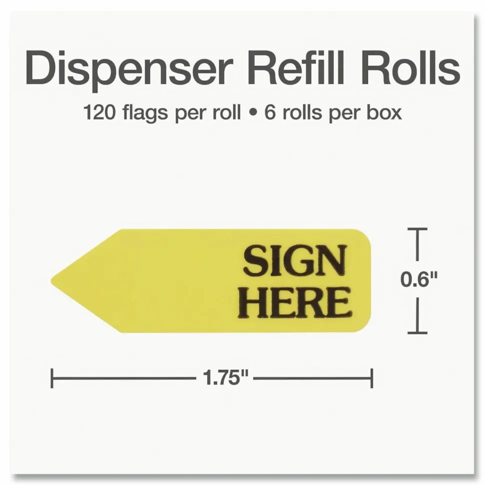 Redi-Tag Sign Here Arrow Flags Dispenser Refills, 1.88" x 0.56" - "SIGN HERE", Yellow, Removable, 120 Flags Per Roll, 6 Rolls