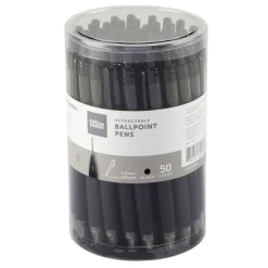 Retractable Ballpoint Pens With Grips, Medium Point, 1.0 mm, Black Barrels, Black Ink, Pack Of 50 Pens