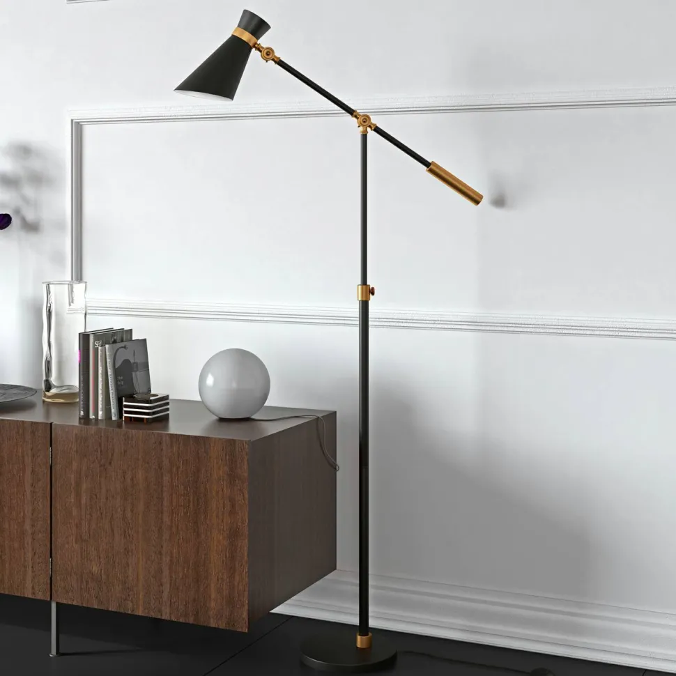 Rex Two-Tone/Height-Adjustable Floor Lamp with Metal Shade in Black/Brass/Black