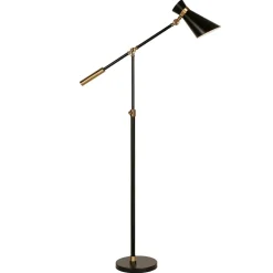 Rex Two-Tone/Height-Adjustable Floor Lamp with Metal Shade in Black/Brass/Black