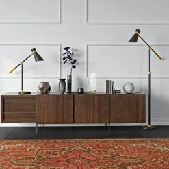 Rex Two-Tone/Height-Adjustable Floor Lamp with Metal Shade in Black/Brass/Black