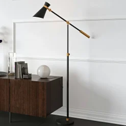 Rex Two-Tone/Height-Adjustable Floor Lamp with Metal Shade in Black/Brass/Black