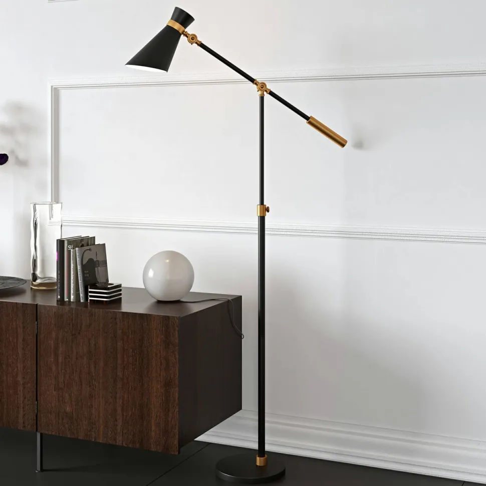 Rex Two-Tone/Height-Adjustable Floor Lamp with Metal Shade in Black/Brass/Black