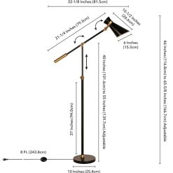 Rex Two-Tone/Height-Adjustable Floor Lamp with Metal Shade in Black/Brass/Black