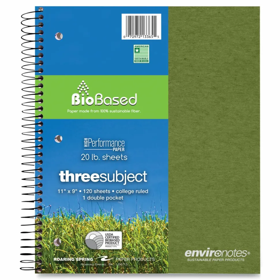 Roaring Spring Earthtones BioBased Paper Notebook, 3-Subject, College Rule, Randomly Assorted Cover Colors, (120) 11 x 9 Sheets, 24/Carton