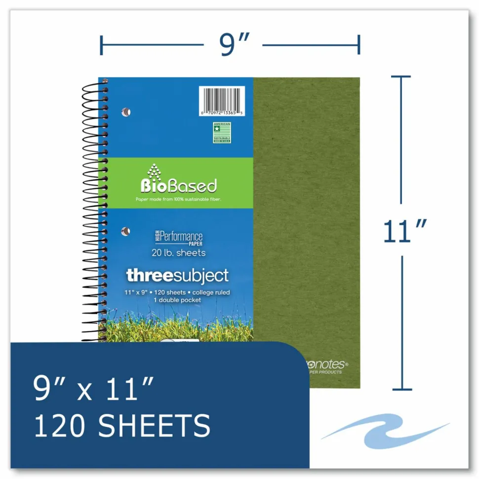 Roaring Spring Earthtones BioBased Paper Notebook, 3-Subject, College Rule, Randomly Assorted Cover Colors, (120) 11 x 9 Sheets, 24/Carton