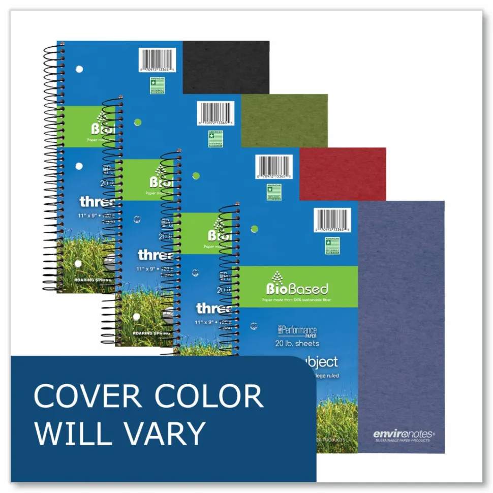 Roaring Spring Earthtones BioBased Paper Notebook, 3-Subject, College Rule, Randomly Assorted Cover Colors, (120) 11 x 9 Sheets, 24/Carton