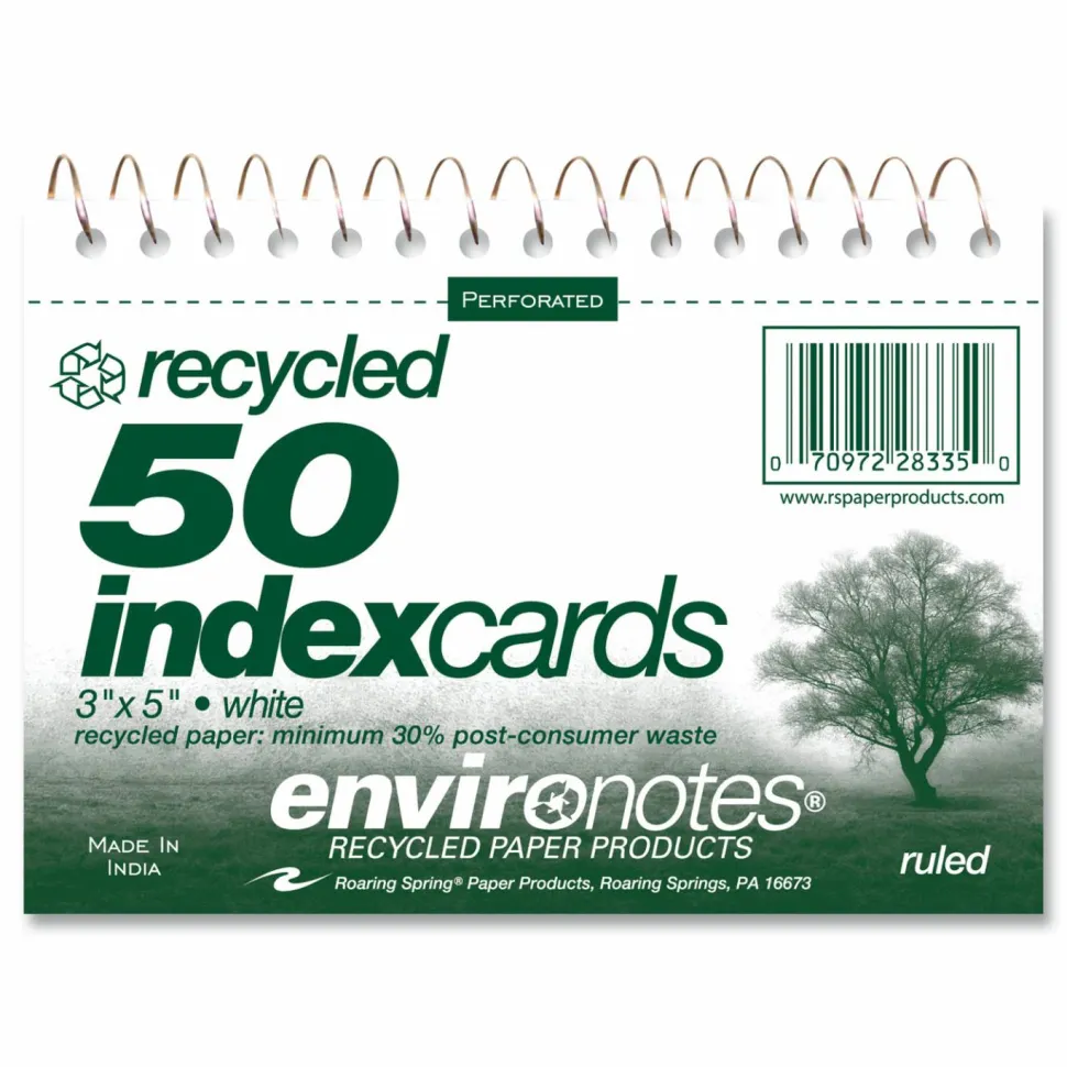 Roaring Spring Environotes Wirebound Recycled Index Cards, Narrow Rule, 3 x 5, White, 50 Cards, 24/Carton