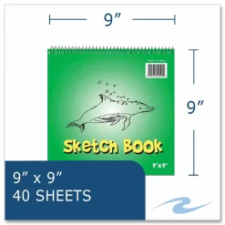 Roaring Spring Kids Sketch Notepad, Green Cover, Unruled, (40) White 9 x 9 Sheets, 12/Carton
