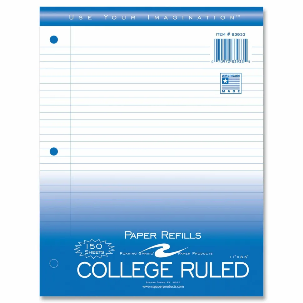 Roaring Spring Loose Leaf Paper, 8.5 x 11, 3-Hole Punched, College Rule, White, 150 Sheets/Pack, 24 Packs/Carton