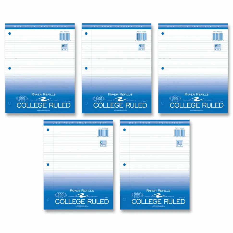Roaring Spring Loose Leaf Paper, 8.5 x 11, 3-Hole Punched, College Rule, White, 500 Sheets/Pack, 5 Packs/Carton