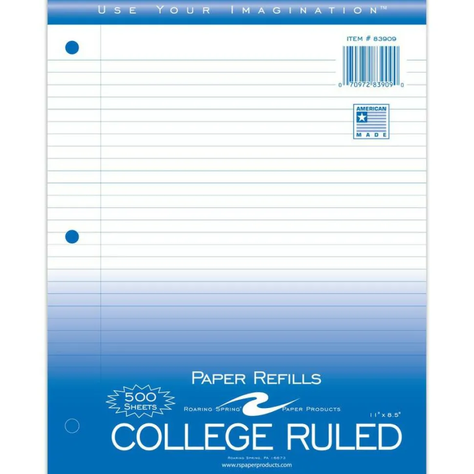 Roaring Spring Loose Leaf Paper, 8.5 x 11, 3-Hole Punched, College Rule, White, 500 Sheets/Pack, 5 Packs/Carton