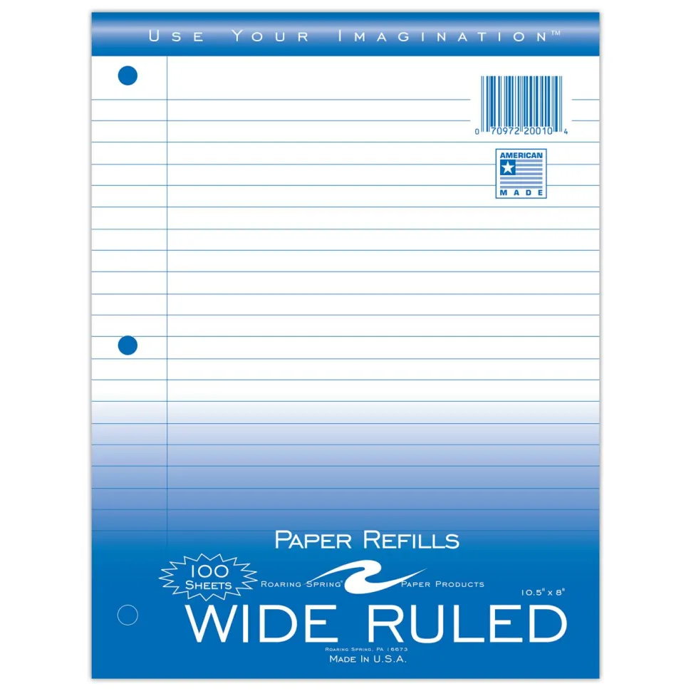 Roaring Spring Loose Leaf Paper, 8 x 10.5, 3-Hole Punched, Wide Rule, White, 100 Sheets/Pack, 48 Packs/Carton