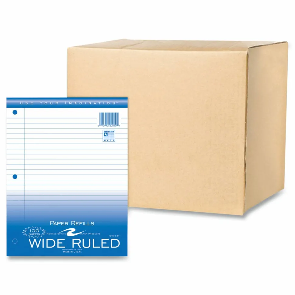 Roaring Spring Loose Leaf Paper, 8 x 10.5, 3-Hole Punched, Wide Rule, White, 100 Sheets/Pack, 48 Packs/Carton