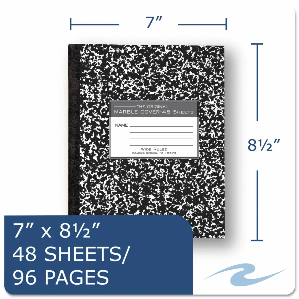 Roaring Spring Tape Bound Composition Notebook, 8 1/2" x 7", 48 Sheets, Black Marble