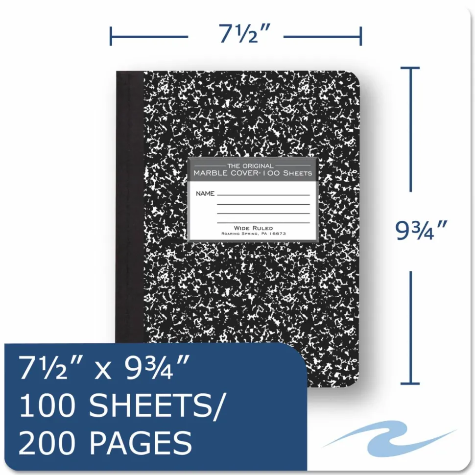 Roaring Spring Composition Book, 7 1/2" x 9 3/4", Wide Ruled, 100 Sheets, Black Marble