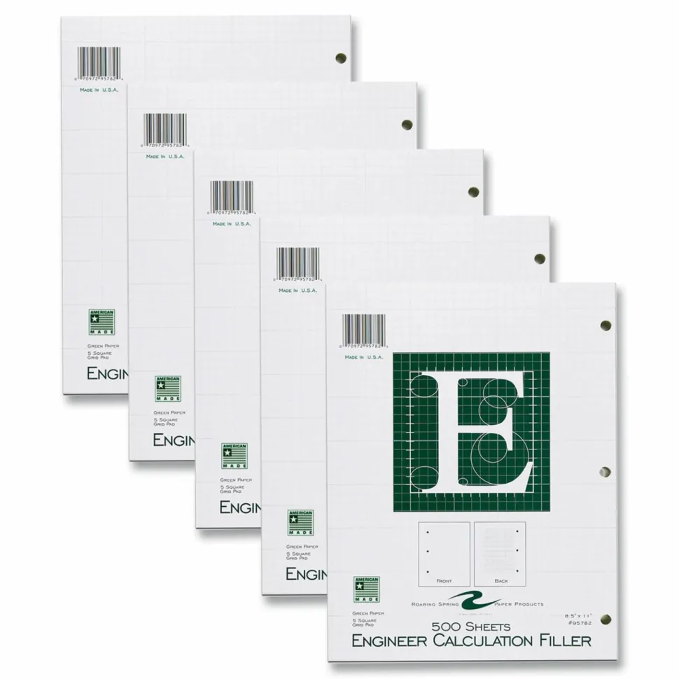 Roaring Spring Engineer Filler Paper, 3-Hole, Frame Format/Quad Rule (5 sq/in, 1 sq/in) 500 Sheets/Pack, 5/Carton