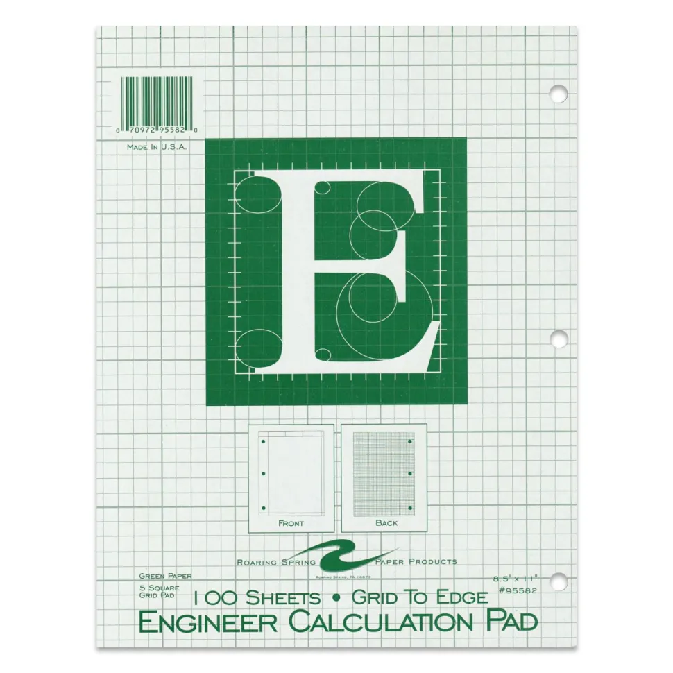 Roaring Spring Engineer Pad, Data Format (1.25" Margin) and Quadrille Rule (5 sq/in, 1 sq/in), (100) Light Green 8.5 x 11 Sheets, 24/Carton
