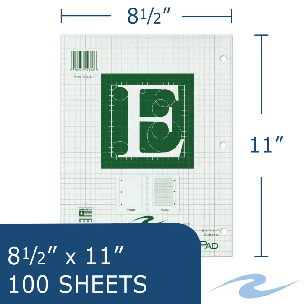 Roaring Spring Engineer Pad, Data Format (0.5" Margin) and Quadrille Rule (5 sq/in, 1 sq/in), (100) Light Green 8.5 x 11 Sheets, 24/Carton