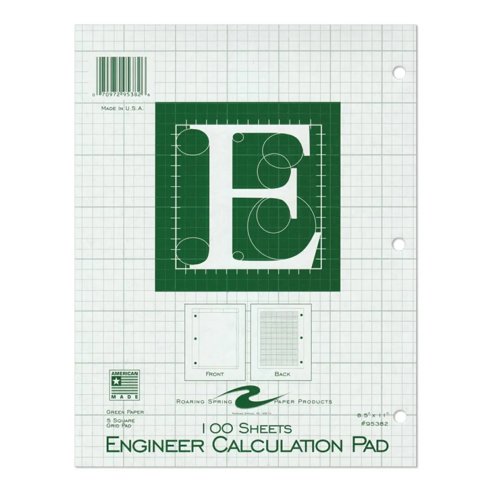 Roaring Spring Engineer Pad, Data Format (0.5" Margin) and Quadrille Rule (5 sq/in, 1 sq/in), (100) Light Green 8.5 x 11 Sheets, 24/Carton