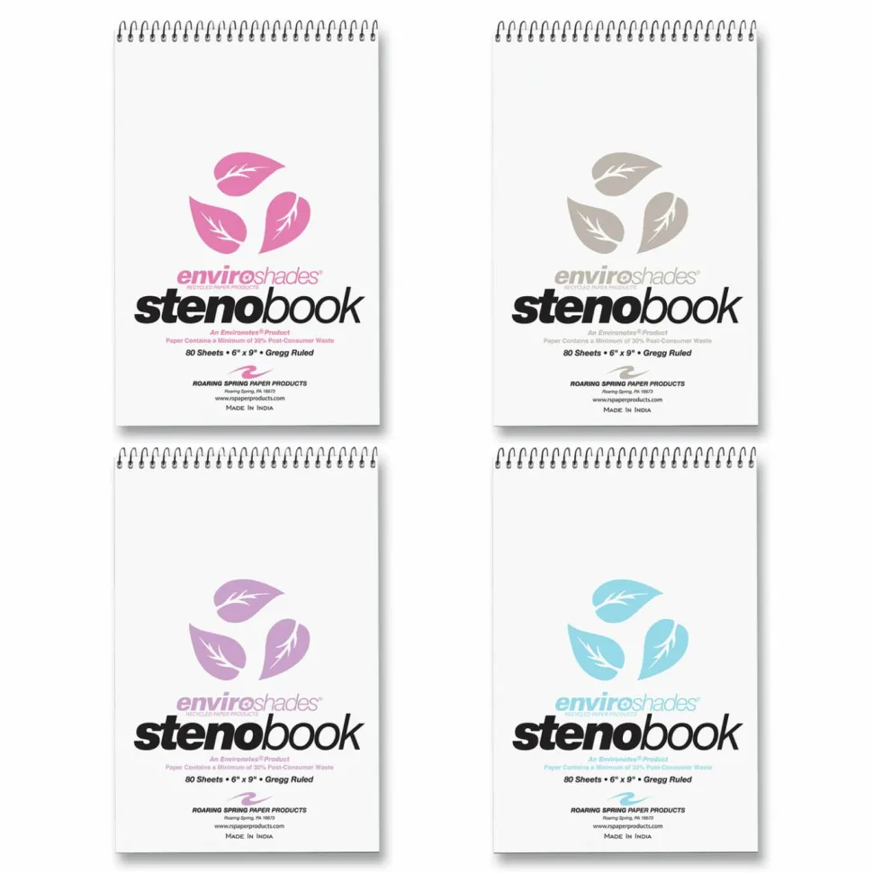 Roaring Spring EnviroShades Steno Pad, White Cover, Gregg Rule, (80) Assorted Color 6 x 9 Sheets, 24/Carton