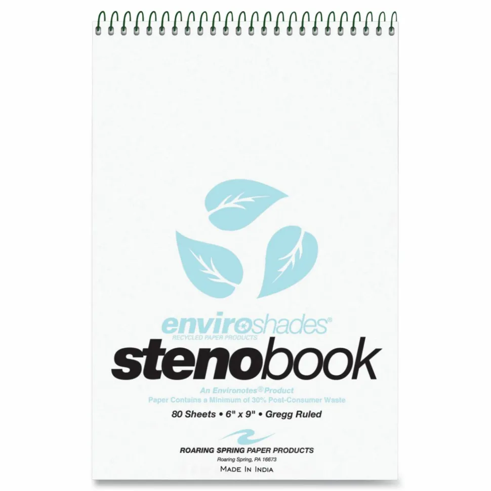 Roaring Spring EnviroShades Steno Notepad, White Cover, Gregg Rule, (80) Blue 6 x 9 Sheets, 4/Pack