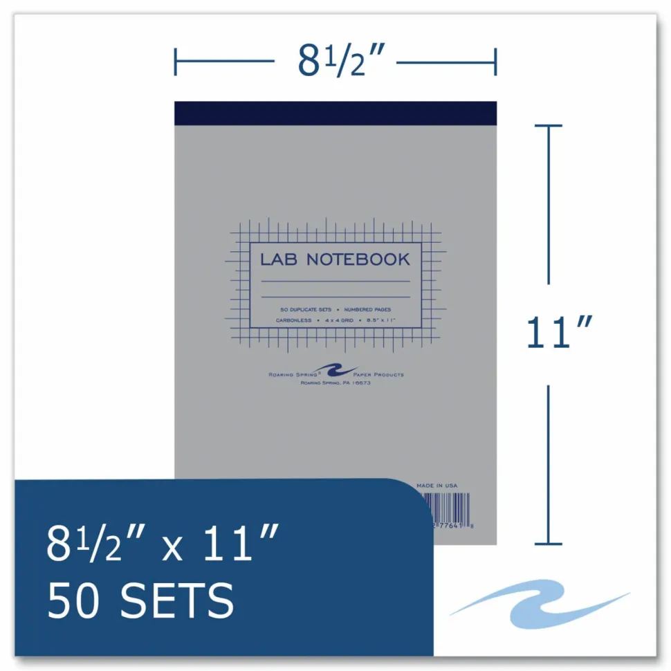 Roaring Spring Lab and Science Two-Part Carbonless Notepad, Quadrille Rule (4 sq/in), Gray Cover, (50) White/Blue 8.5 x 11 Sets, 24/Carton