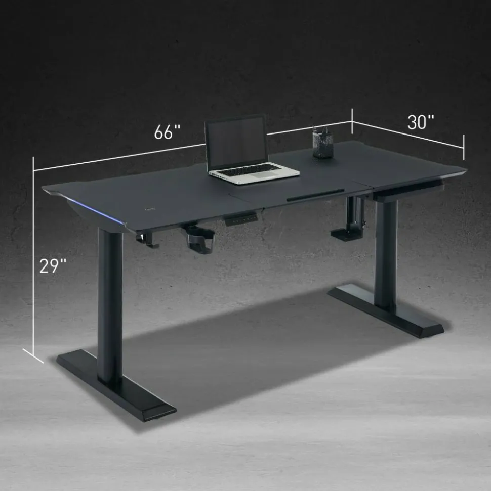 RS Gaming Chronos 66”W Height-Adjustable Gaming Desk with Integrated Power and Charging, Black, BIFMA Compliant