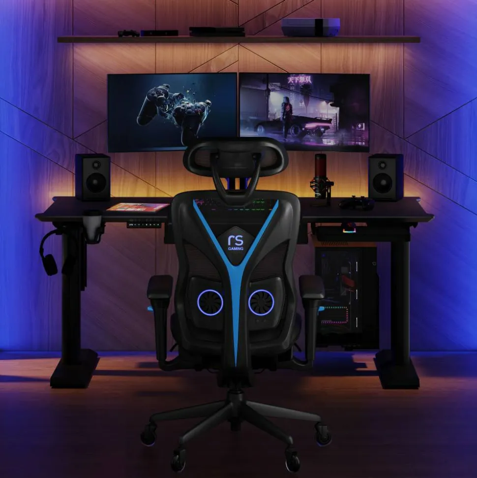 RS Gaming Chronos 66”W Height-Adjustable Gaming Desk with Integrated Power and Charging, Black, BIFMA Compliant