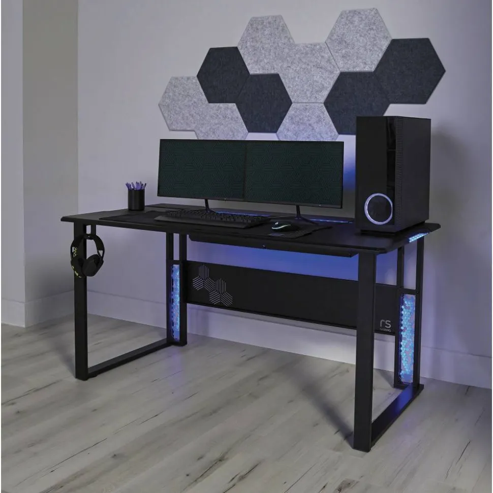 RS Gaming Mergence 60"W RGB Gaming Computer Desk With 10 Acoustic Panels, Black