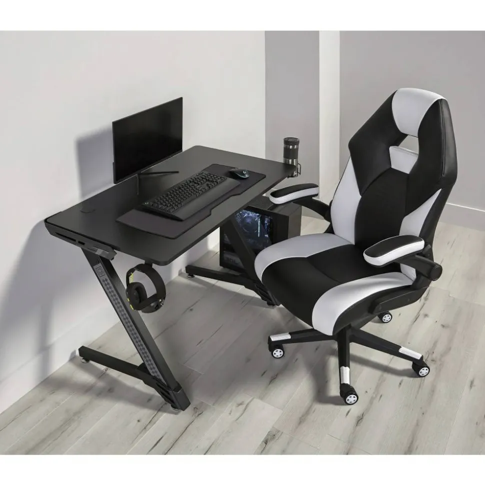 RS Gaming RGX Faux Leather High-Back Gaming Office Chair, Black/White, BIFMA Compliant