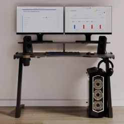 RS Gaming Venno 2.0 RGB Gaming Computer Desk with Hutch & Integrated Power, Black, BIFMA Compliant