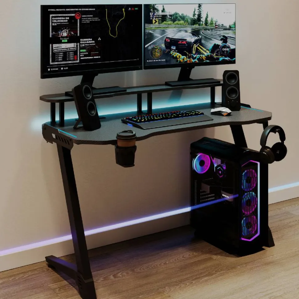 RS Gaming Venno 2.0 RGB Gaming Computer Desk with Hutch & Integrated Power, Black, BIFMA Compliant