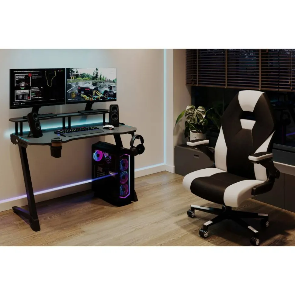 RS Gaming Venno 2.0 RGB Gaming Computer Desk with Hutch & Integrated Power, Black, BIFMA Compliant