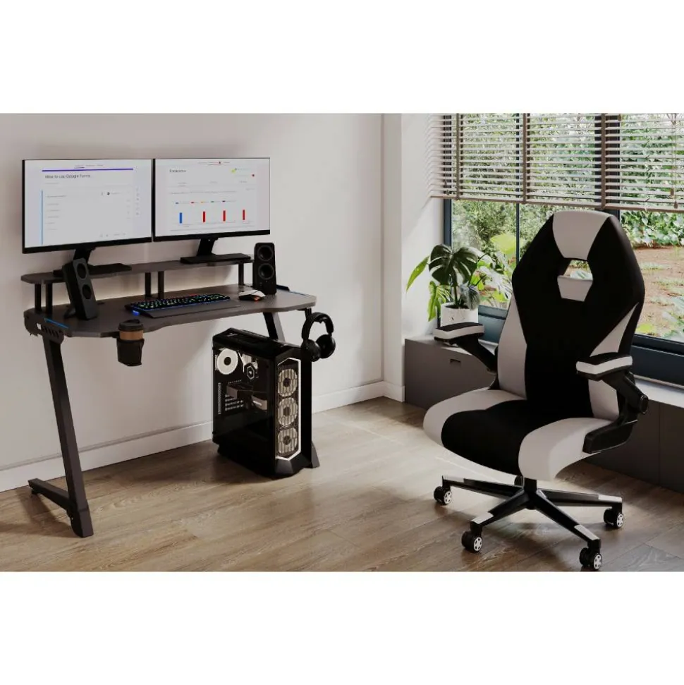 RS Gaming Venno 2.0 RGB Gaming Computer Desk with Hutch & Integrated Power, Black, BIFMA Compliant