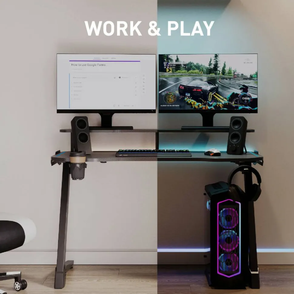 RS Gaming Venno 2.0 RGB Gaming Computer Desk with Hutch & Integrated Power, Black, BIFMA Compliant