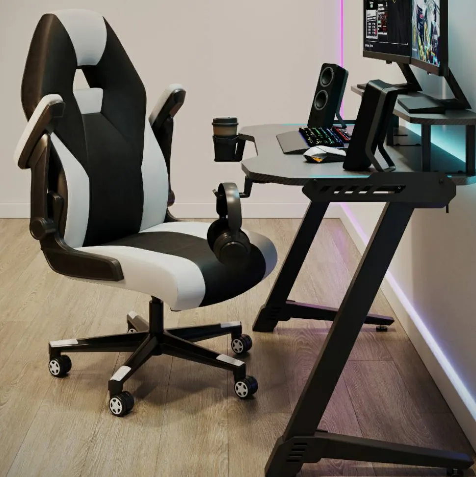 RS Gaming Venno 2.0 RGB Gaming Computer Desk with Hutch & Integrated Power, Black, BIFMA Compliant