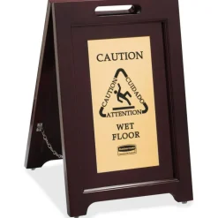Rubbermaid Commercial Brass/Wooden Caution Sign, "Caution, Attention, Cuidado, Wet Floor", 15"W x 23 1/2"H, Espresso