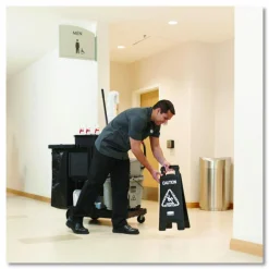Rubbermaid Commercial Executive 2-Sided Multi-Lingual Caution Sign, Black/White, 10.9 x 26.1