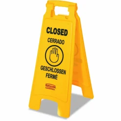 Rubbermaid Commercial Multilingual "Closed" Sign, 2-Sided, 11 x 12 x 25, Bright Yellow