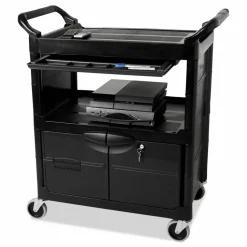 Rubbermaid Commercial Utility Cart with Locking Doors, Plastic, 3 Shelves, 200 lb Capacity, 33.63" x 18.63" x 37.75", Black