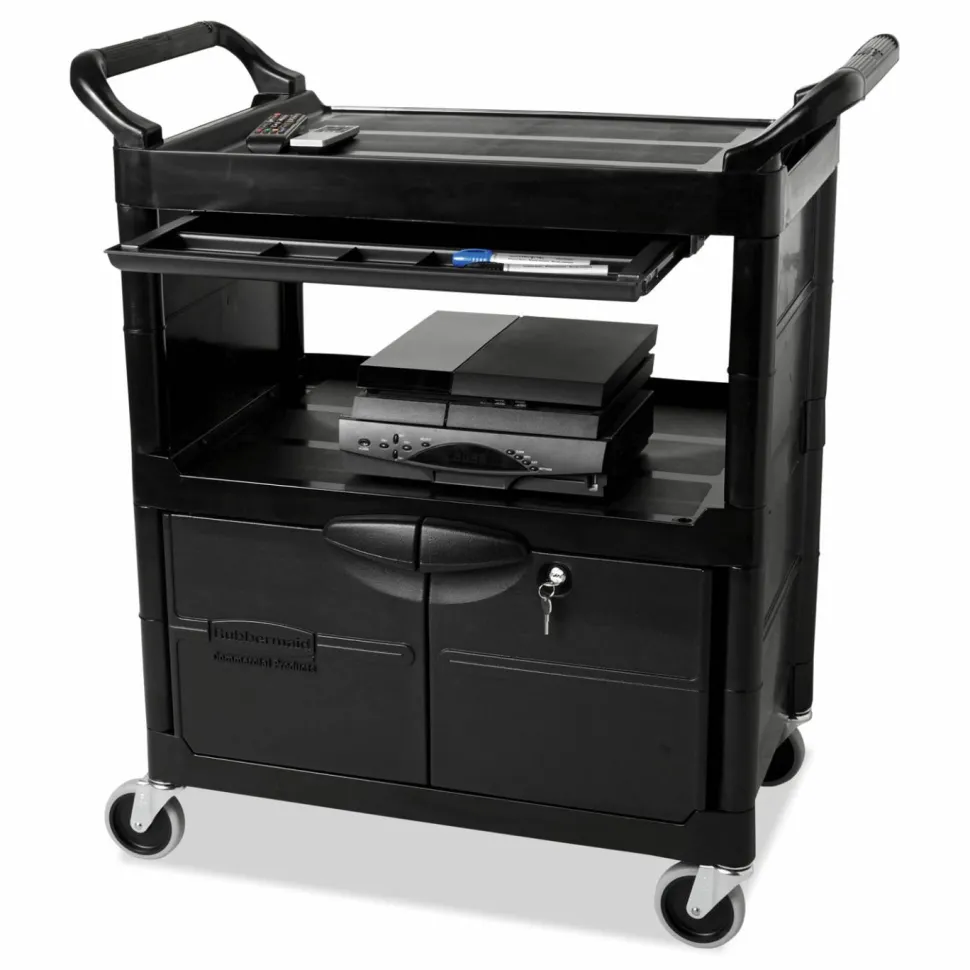 Rubbermaid Commercial Utility Cart with Locking Doors, Plastic, 3 Shelves, 200 lb Capacity, 33.63" x 18.63" x 37.75", Black