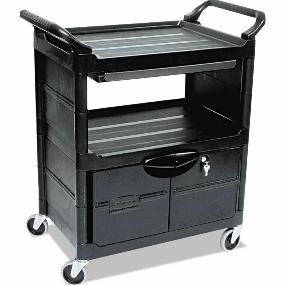 Rubbermaid Commercial Utility Cart with Locking Doors, Plastic, 3 Shelves, 200 lb Capacity, 33.63" x 18.63" x 37.75", Black