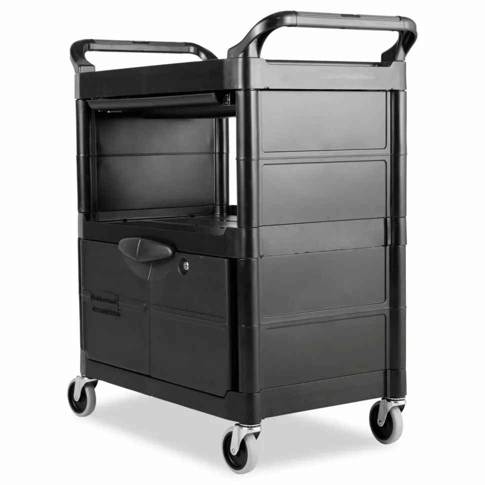 Rubbermaid Commercial Utility Cart with Locking Doors, Plastic, 3 Shelves, 200 lb Capacity, 33.63" x 18.63" x 37.75", Black