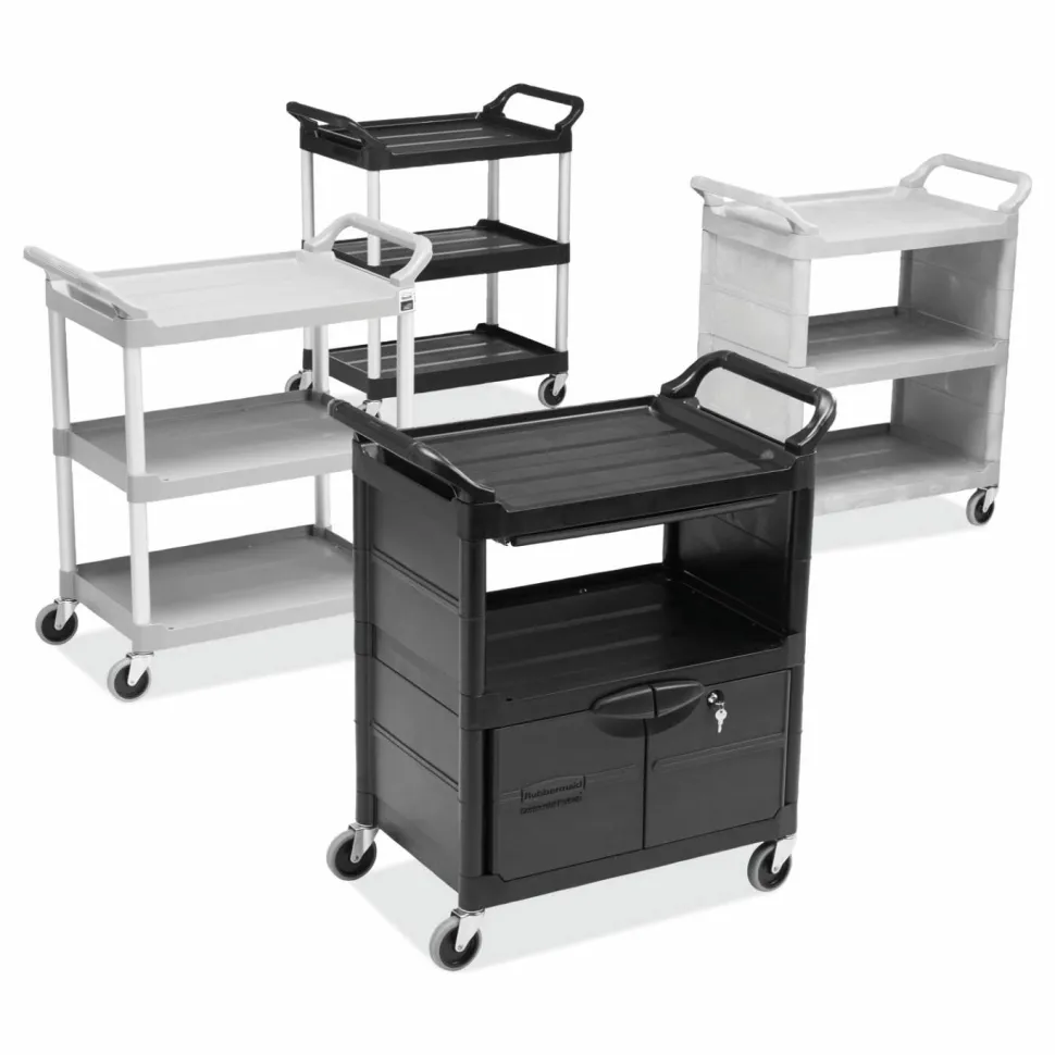 Rubbermaid Commercial Utility Cart with Locking Doors, Plastic, 3 Shelves, 200 lb Capacity, 33.63" x 18.63" x 37.75", Black